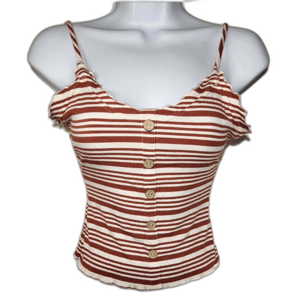 Love Tree Womens Brown Striped Ribbed Button Front Tank Top M Boho Casual Layer